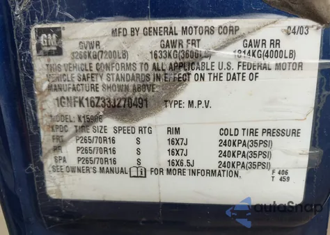 2003 Chevrolet Suburban 1500 Lt from USA, damaged, VIN 1GNFK16Z33J270491